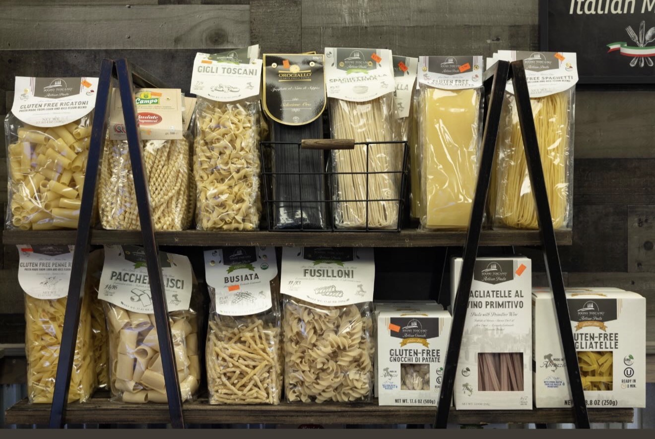 Imported artisan Italian pasta on Armetta's retail shelves — the shapes we cook at home