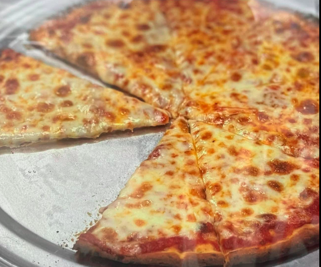 Fresh cheese pizza on a serving tray