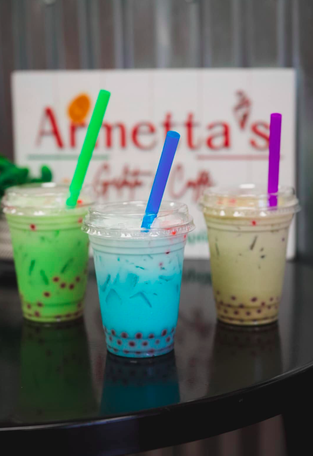 Three colorful boba tea drinks