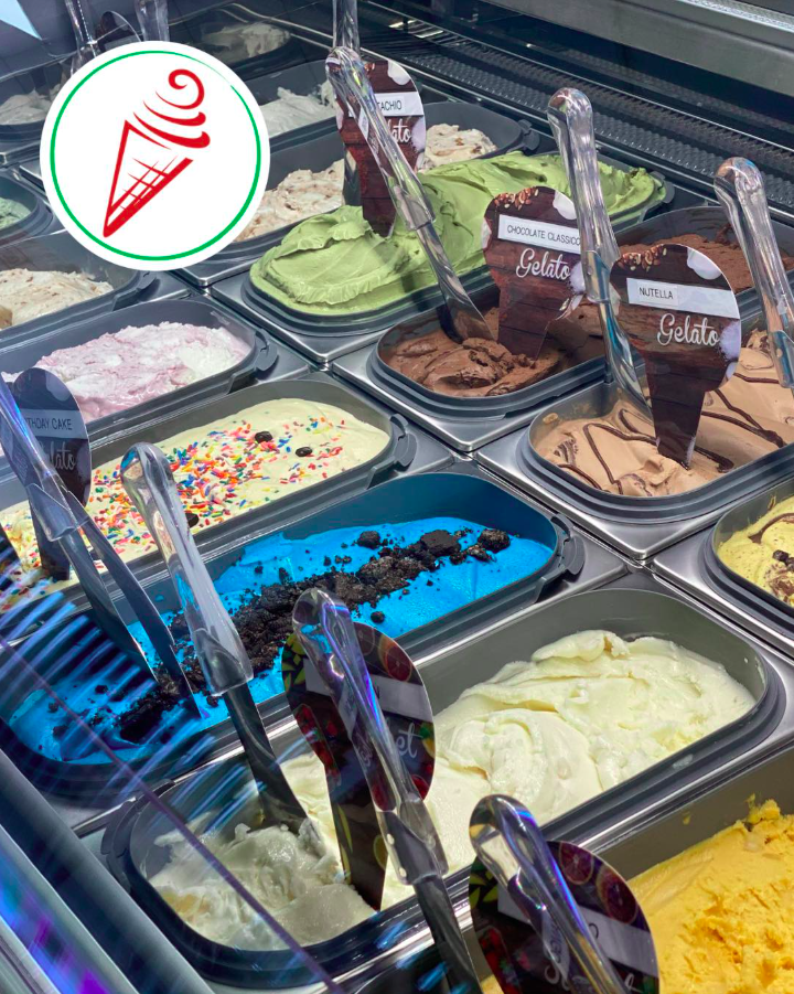 Gelato display case at Armetta's