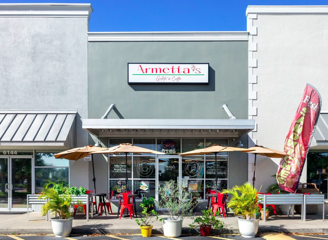 Armetta's Gelato & Caffè storefront with patio seating in Apollo Beach